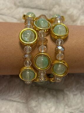 Set of 3 Stretch Beaded Bracelets | Mint Green & Crystal | Gold Tone Stretch